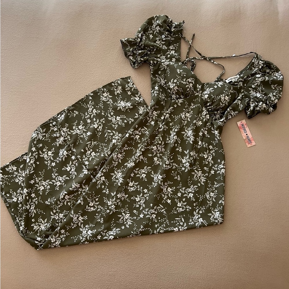 inspired hearts green floral open cross-back maxi dress